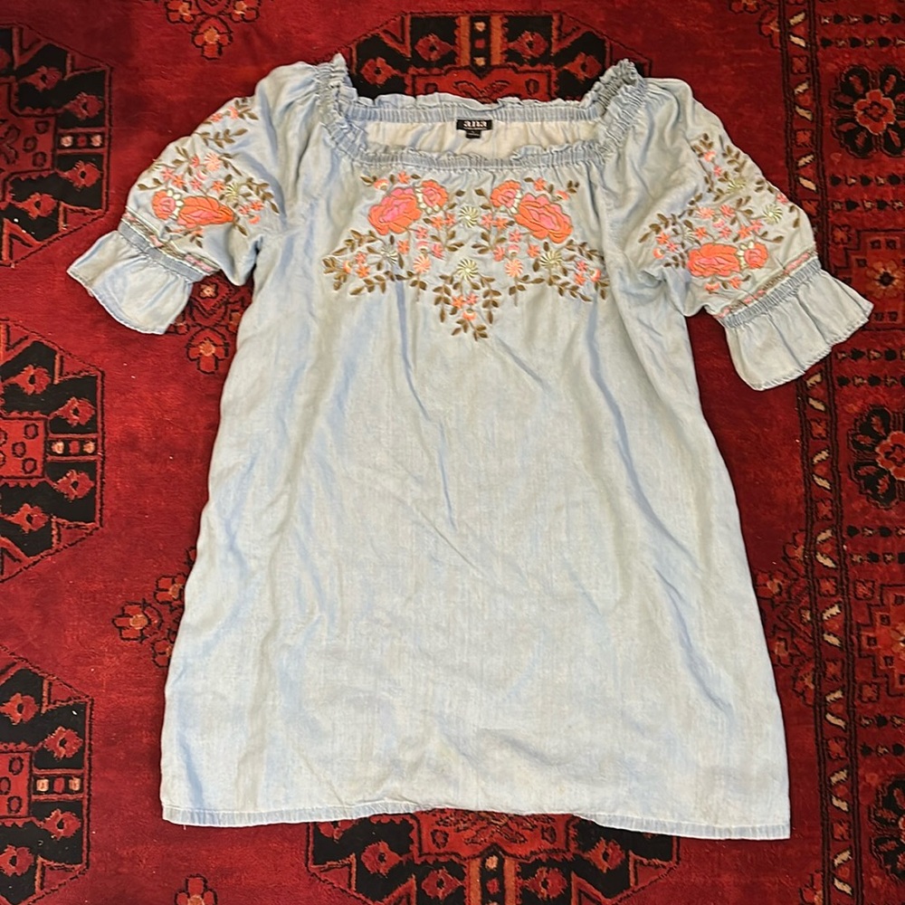 Ana light blue denim Dress with Neon Flowers embroidery